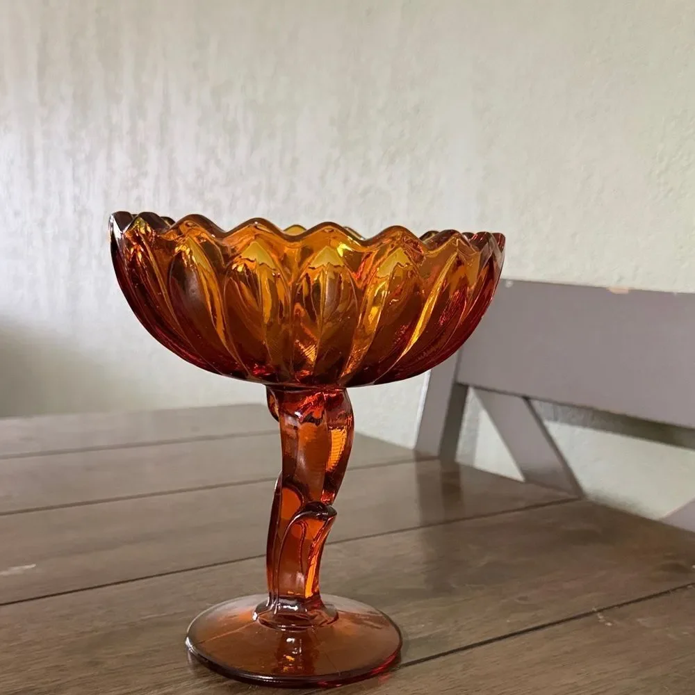 Vintage Amber Glass Compote Dish Indiana Glass Lotus Blossom 1960s